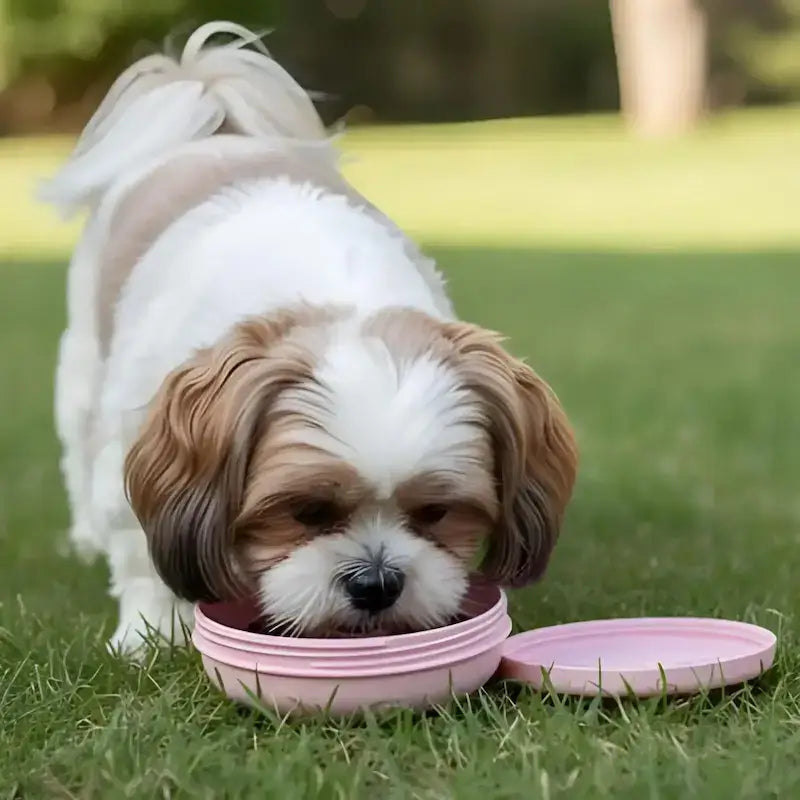Un Shih Tzu mange dans la gamelle pour chien rose.