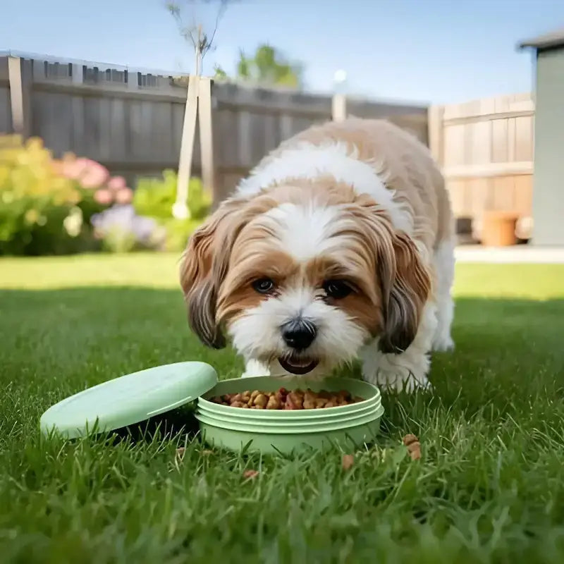 Un Shih Tzu mange dans une gamelle de voyage pour chien vert.