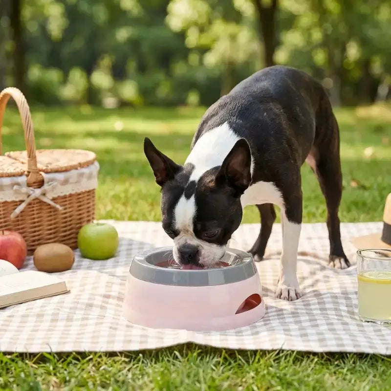 Un Boston terrier en pique-nique boit dans sa gamelle d'eau pour chien anti-éclaboussure.