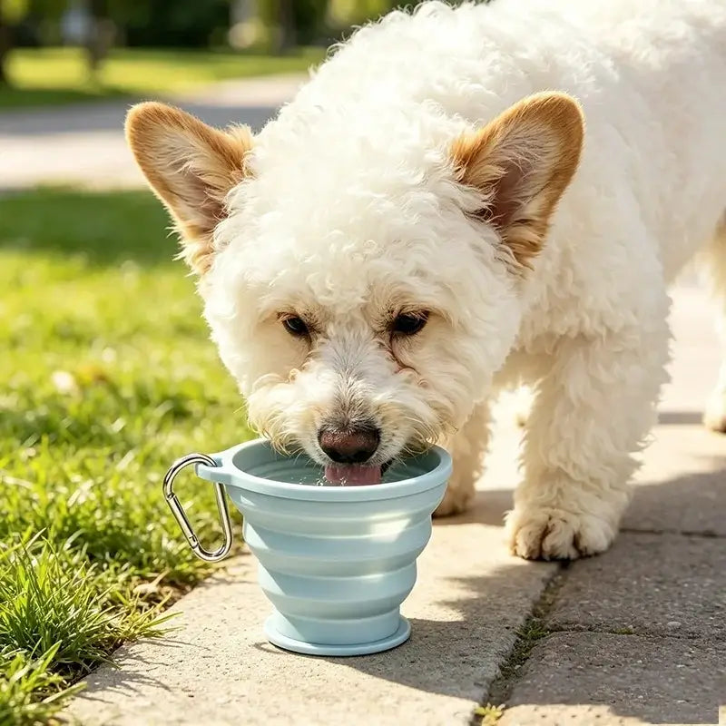Un bichon frisé boit dans la gamelle d'eau pour chien bleue sur un trottoir.
