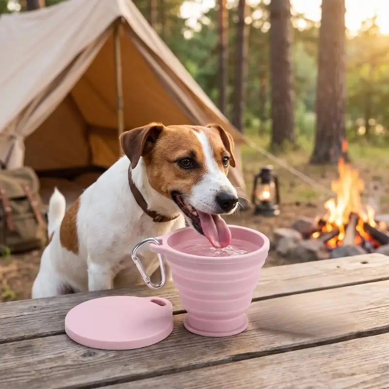 Un Jack Russell en camping boit de l'eau avec sa gamelle rose.