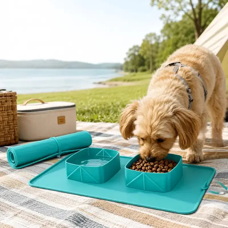 Un chien en camping mange dans la gamelle pliable pour chien verte.