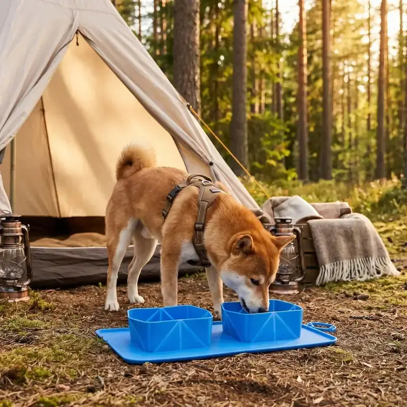 Un shiba inu mange dans sa gamelle bleu au camping.