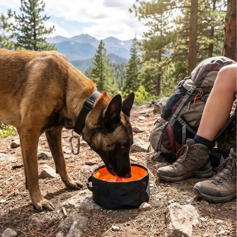 Un malinois avec son maître en randonnée mange dans sa gamelle pour chien noir. 