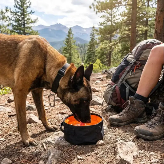 Un malinois avec son maître en randonnée mange dans sa gamelle pour chien noir. 