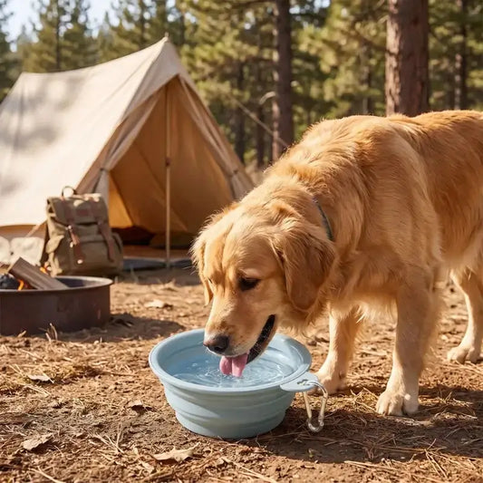 Un golden retriever boit dans la gamelle pour chien bleue en camping.