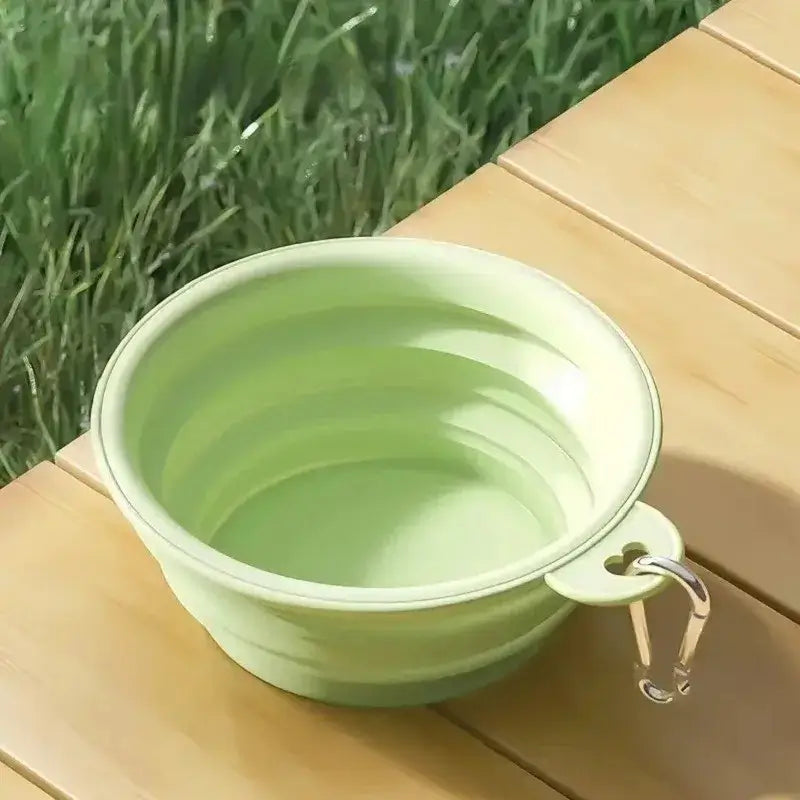 Une gamelle pour chien de couleur vert sur une table.
