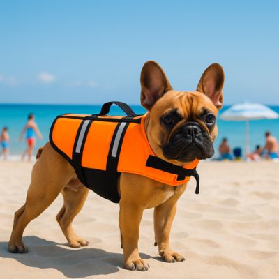 gilet de sauvetage chien beau bouledogue francais plage