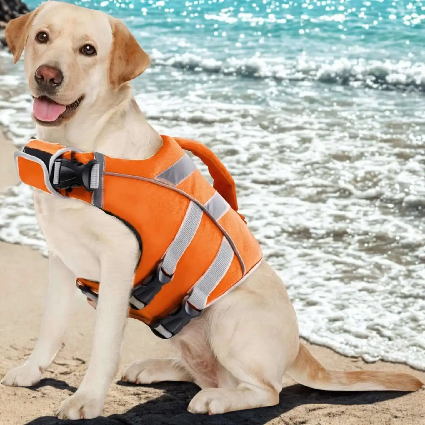 Un labrador à la plage est vêtu d'un gilet de sauvetage pour chien orange.