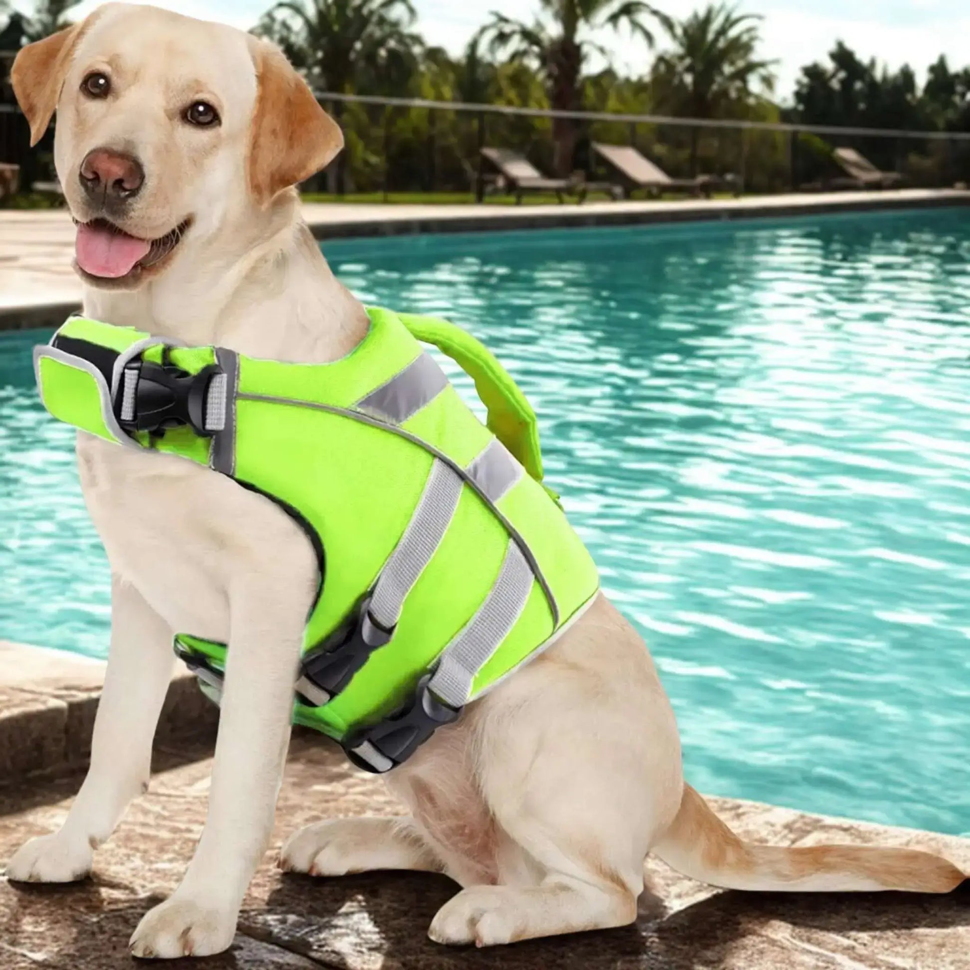 Un labrador sur le bord d'une piscine est vêtu d'un gilet de sauvetage pour chien vert fluo.
