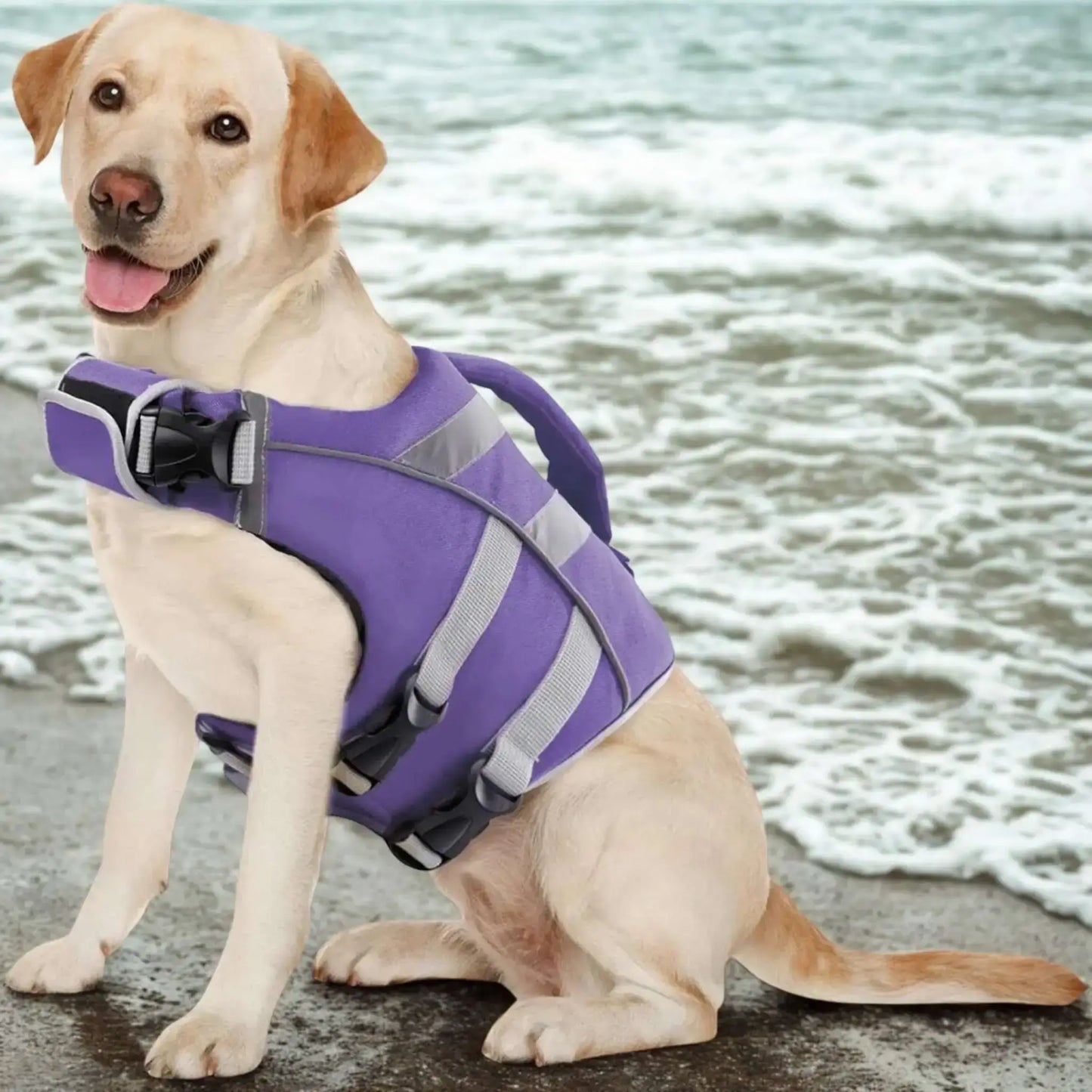 Un labrador à la plage est vêtu d'un gilet de sauvetage pour chien violet.