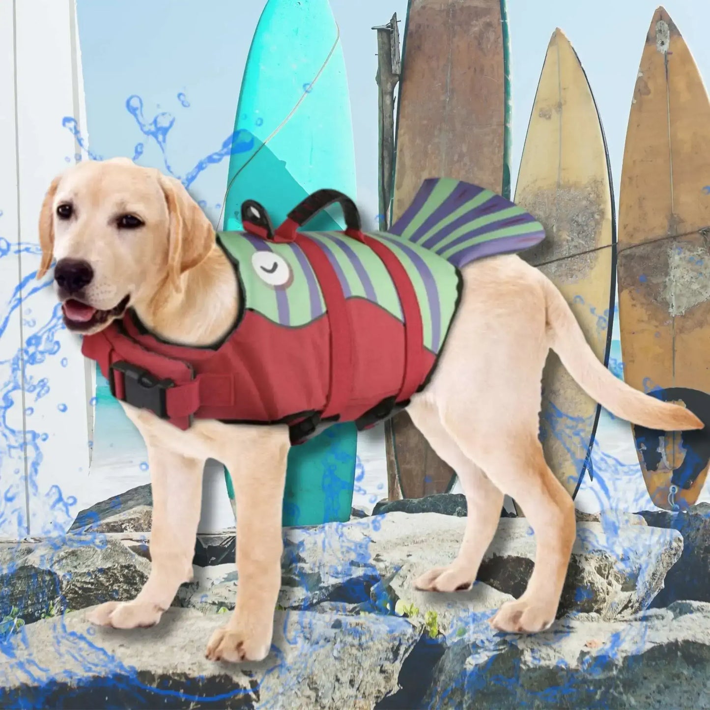 Un labrador blond avec board et un gilet de sauvetage pour chiens rouge.