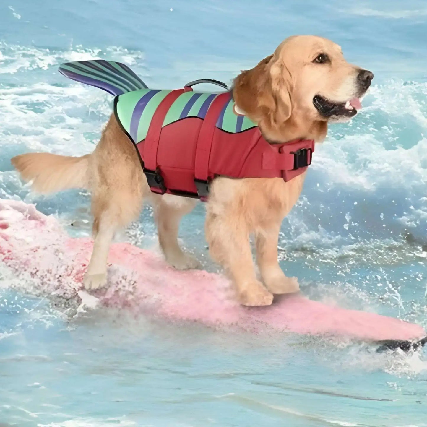 Un labrador blond sur l'eau avec son gilet de sauvetage pour chiens rouge.