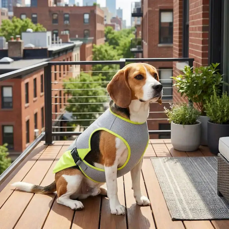 Un beagle assis sur un balcon en ville avec son gilet rafraichissant pour chien vert fluo.