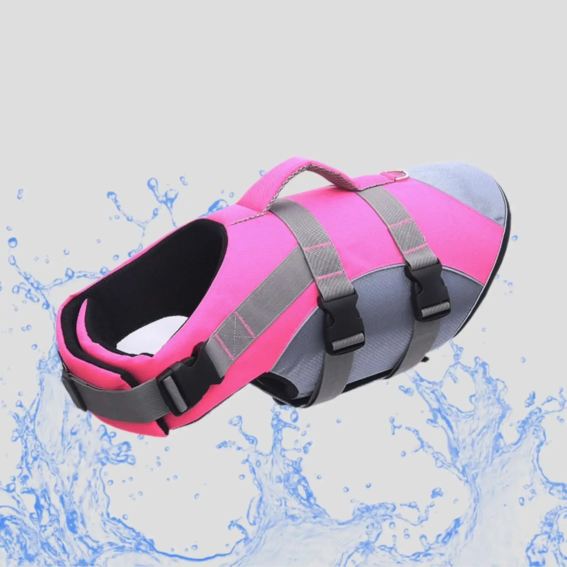 Un gilet de sauvetage pour chien de couleur rose.