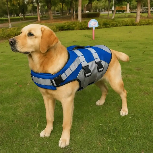 Un labrador dans un parc vêtu d'un gilet de sauvetage pour chien bleu.