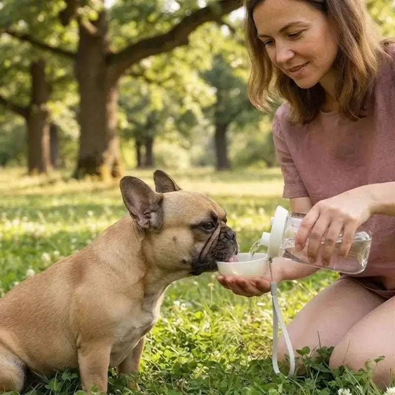 Une femme donne de l'eau à son bouledogue français avec la gourde pour chien blanche.