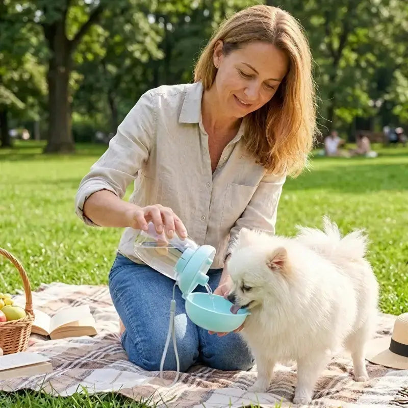 Une femme en pique-nique donne de l'eau à son spitz japonais avec la gourde de couleur bleue.