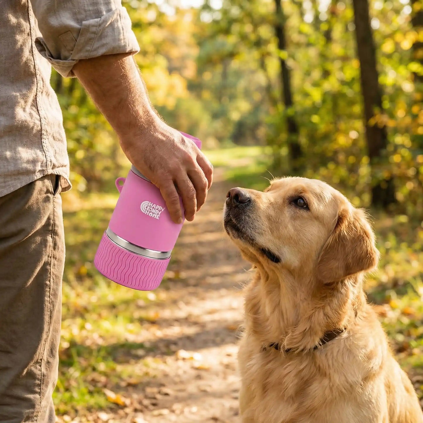 Un homme avec son golden retriever tient à la main la gourde pour chien PatteO rose.