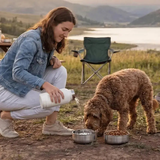 Une femme en camping rempli le bol d'eau de son golden doodle.