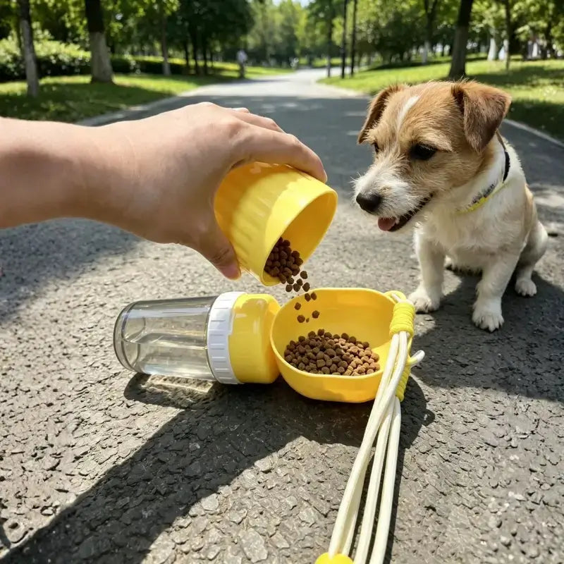 Un maître donne de la nourriture à son Jack Russell dans la rue avec la gourde pour chiens.