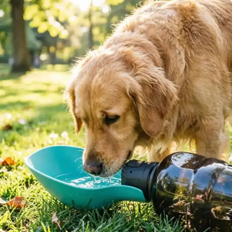 Un golden retriever boit de l'eau dans la gourde verte au sol.