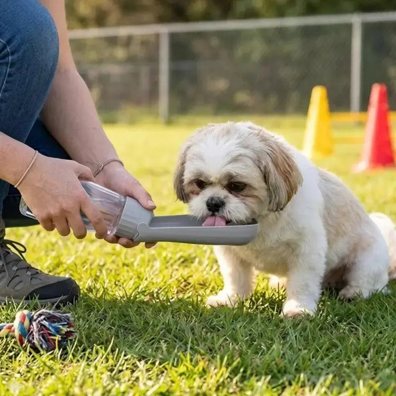 Un shih tzu boit de l'eau avec la gourde our chien grise.