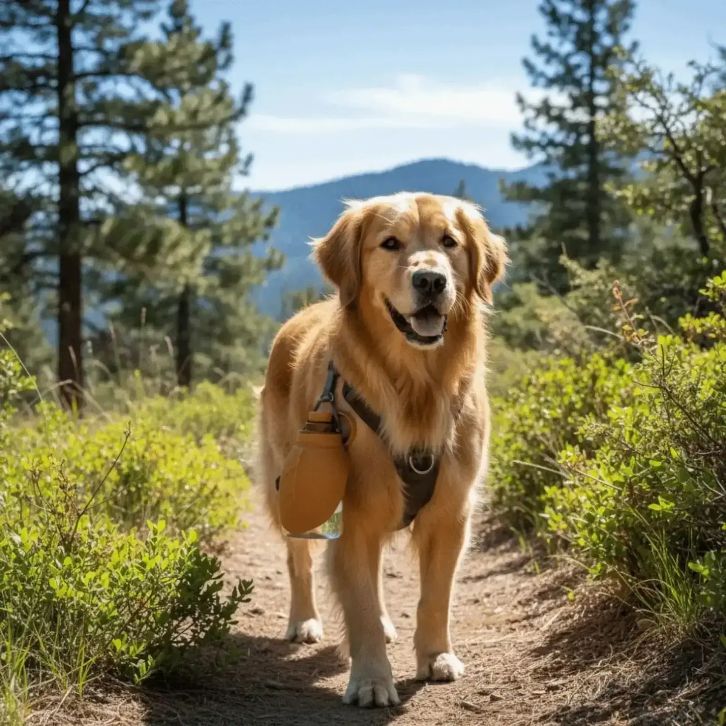 Un golden retriever marche dans un sentier avec sa gourde pour chiens marron accrochée à son harnais.