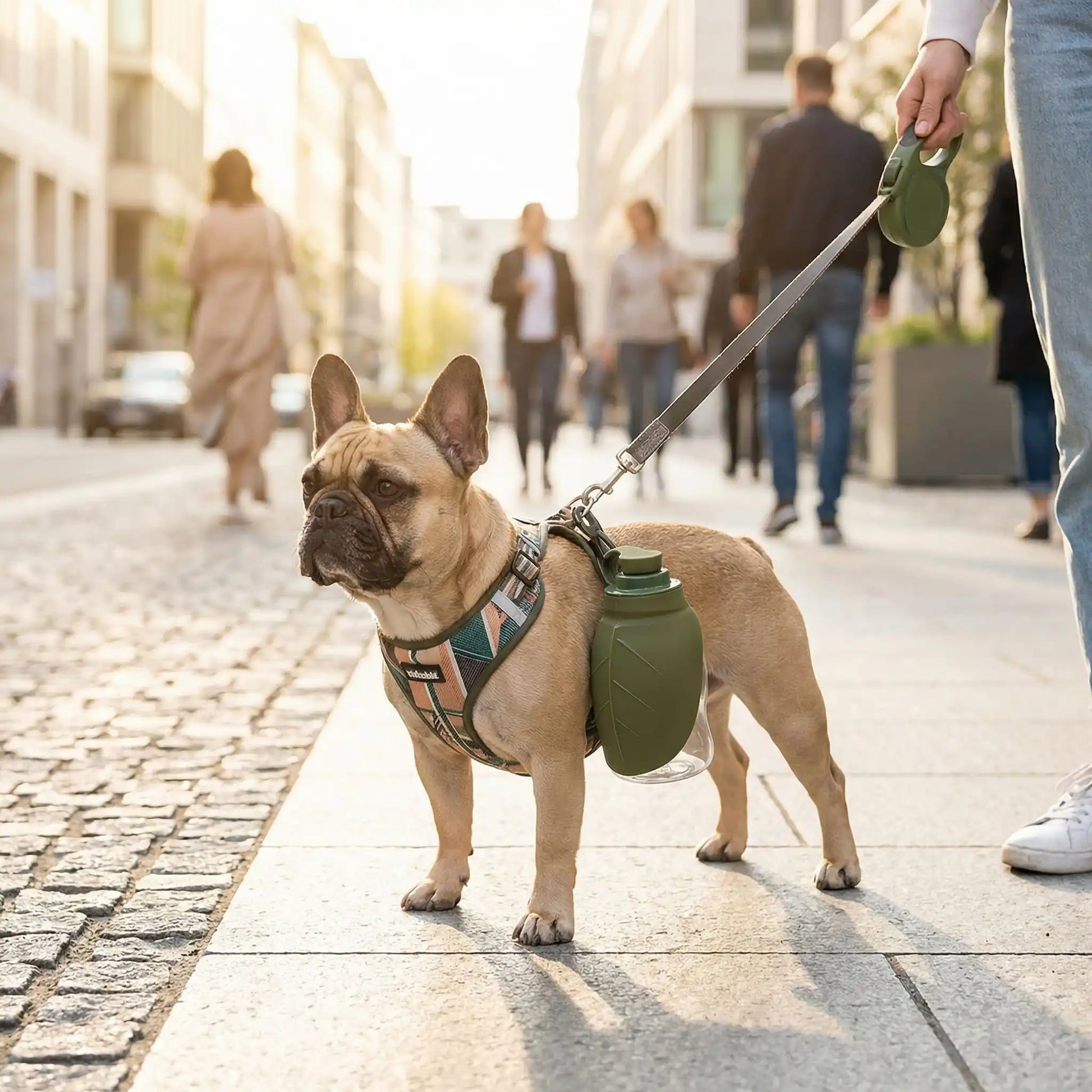 Un bouledogue en laisse avec sa maitresse porte la gourde pour chien verte à son harnais sur un trottoir en ville.