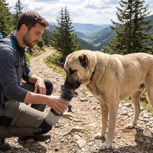 Un homme en randonnée donne de l'eau à son kangal.