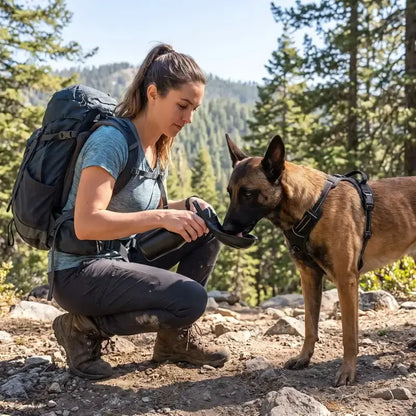 Une femme en randonnée donne de l'eau à son malinois.