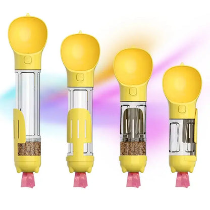 Quatre choix de grandeur des gourdes pour chiens de couleur jaune.