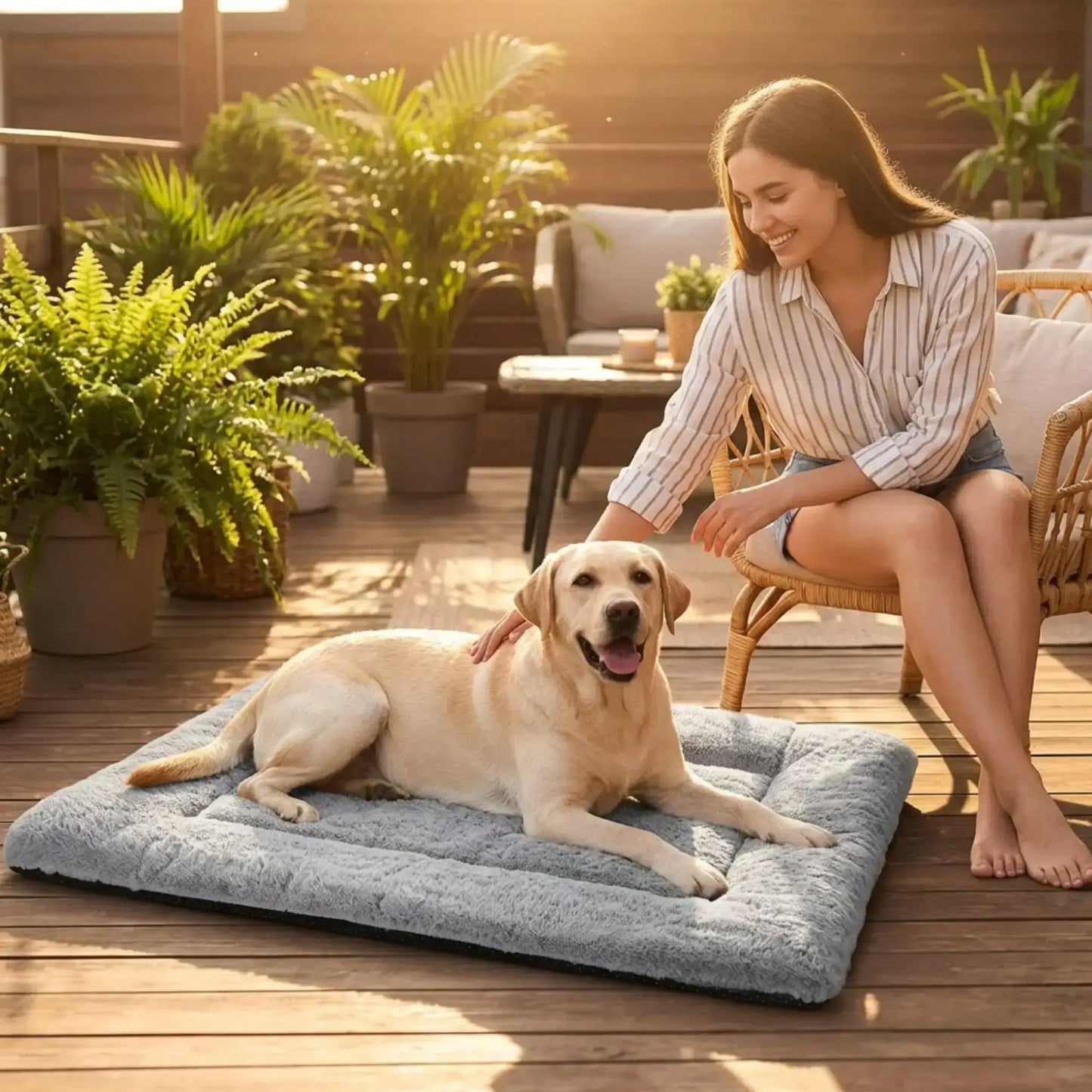 Une femme sur une terrasse caresse son labrador allongé sur un grand tapis pour chien.