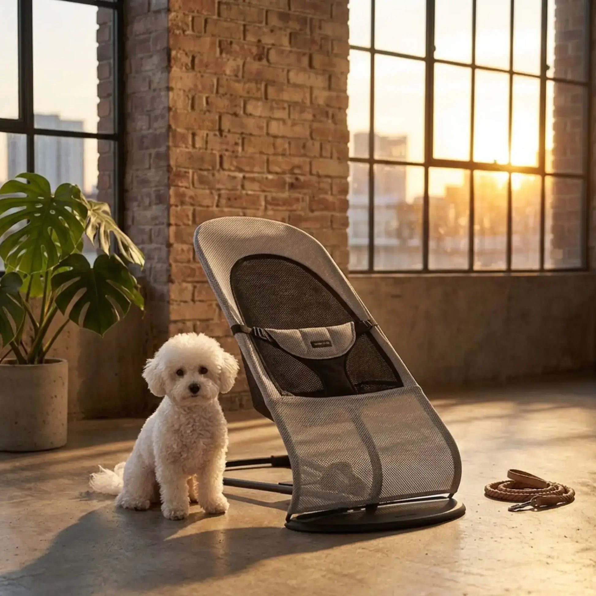 Un bichon frisé dans un condo est à côté de son hamac pour chien gris.