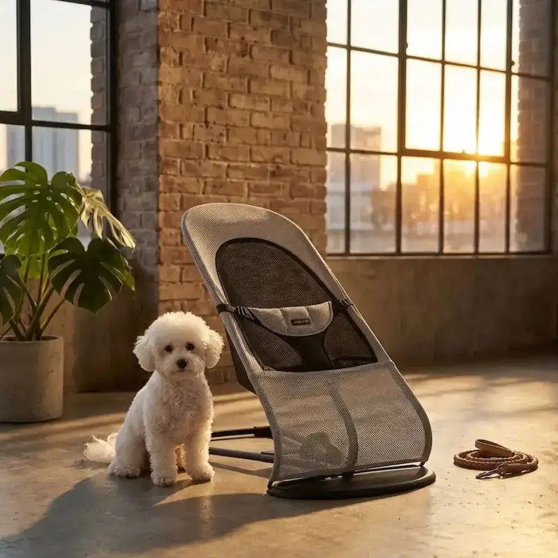 Un bichon frisé dans un condo est à côté de son hamac pour chien gris.