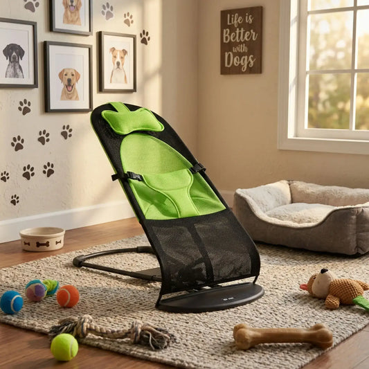 Un hamac pour chien vert dans une chambre pour chien avec des jouets.