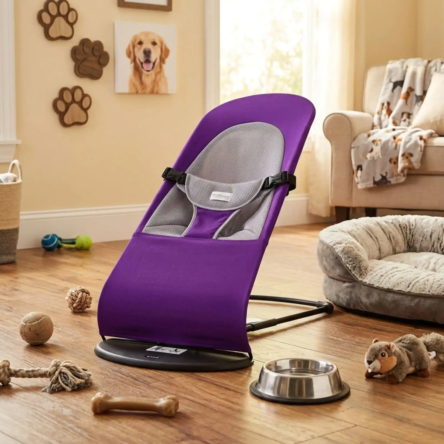 Un hamac pour chien violet dans un salon avec des jouet.