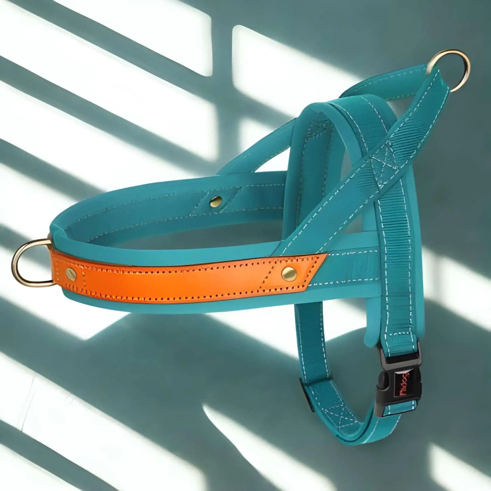 Un harnais anti-traction de couleur turquoise en tissu.