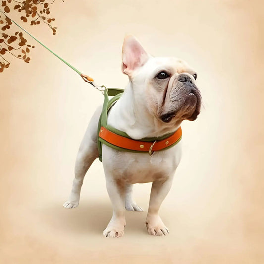 Un bouledogue français avec un harnais anti-traction vert.