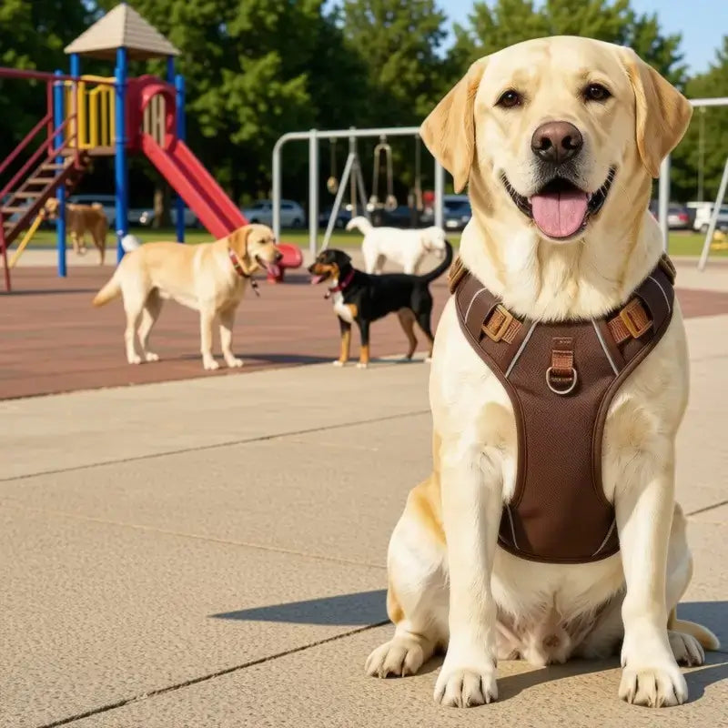 Un labrador assis dans un parc à chiens porte un harnais anti-traction.