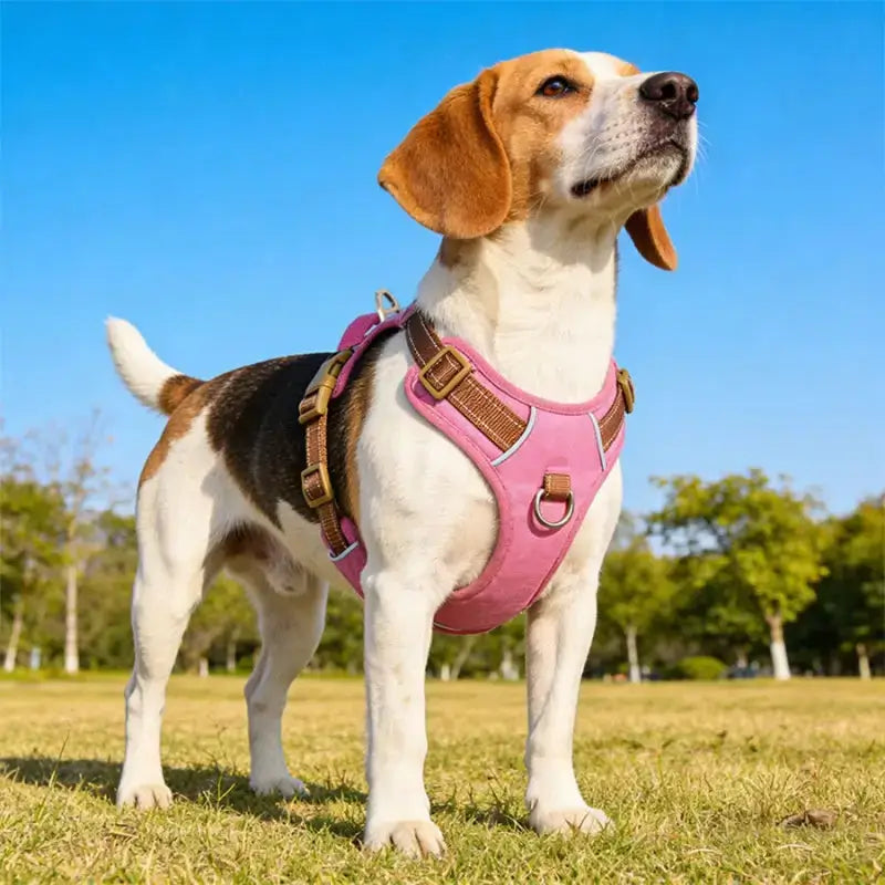 Un beagle dans un champ avec son harnais anti-traction pour chien rose.