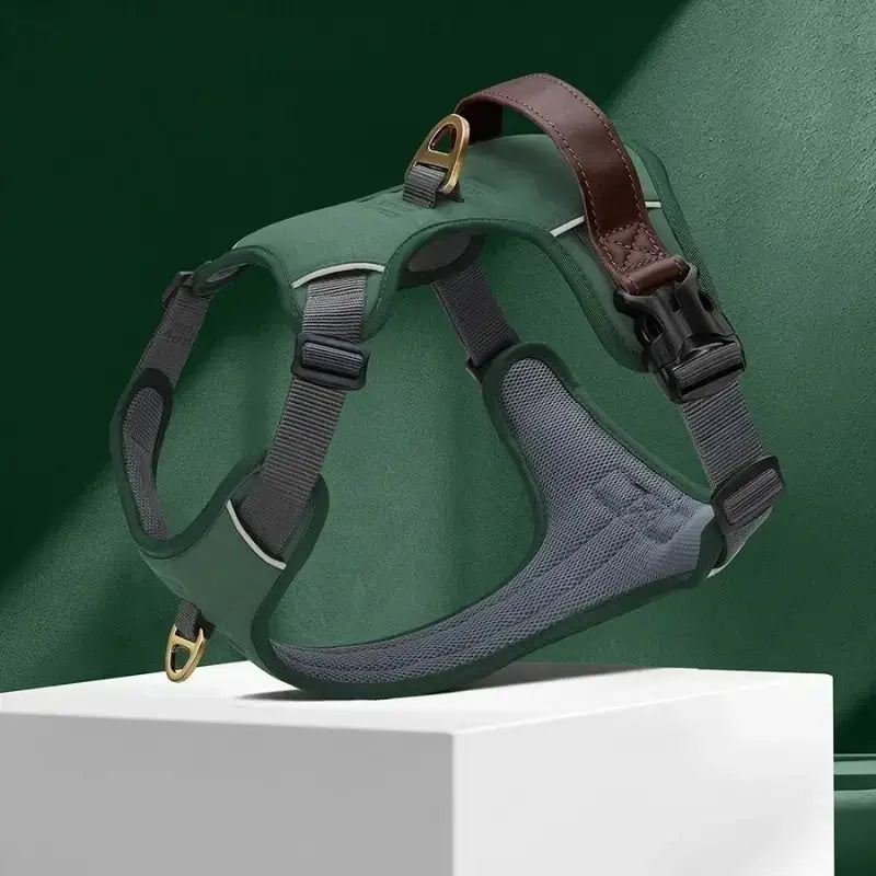 Un harnais pour chien anti-traction de couler vert.