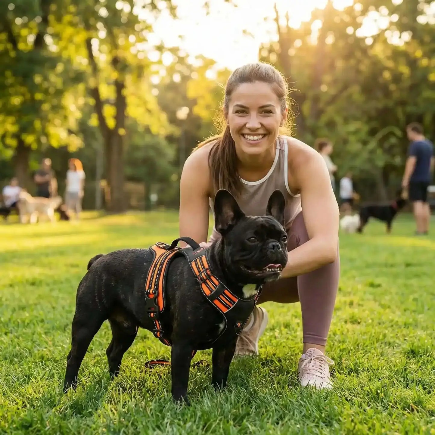 Une femme avec un bouledogue français noir et son harnais anti-traction pour chien dans un parc à chiens.