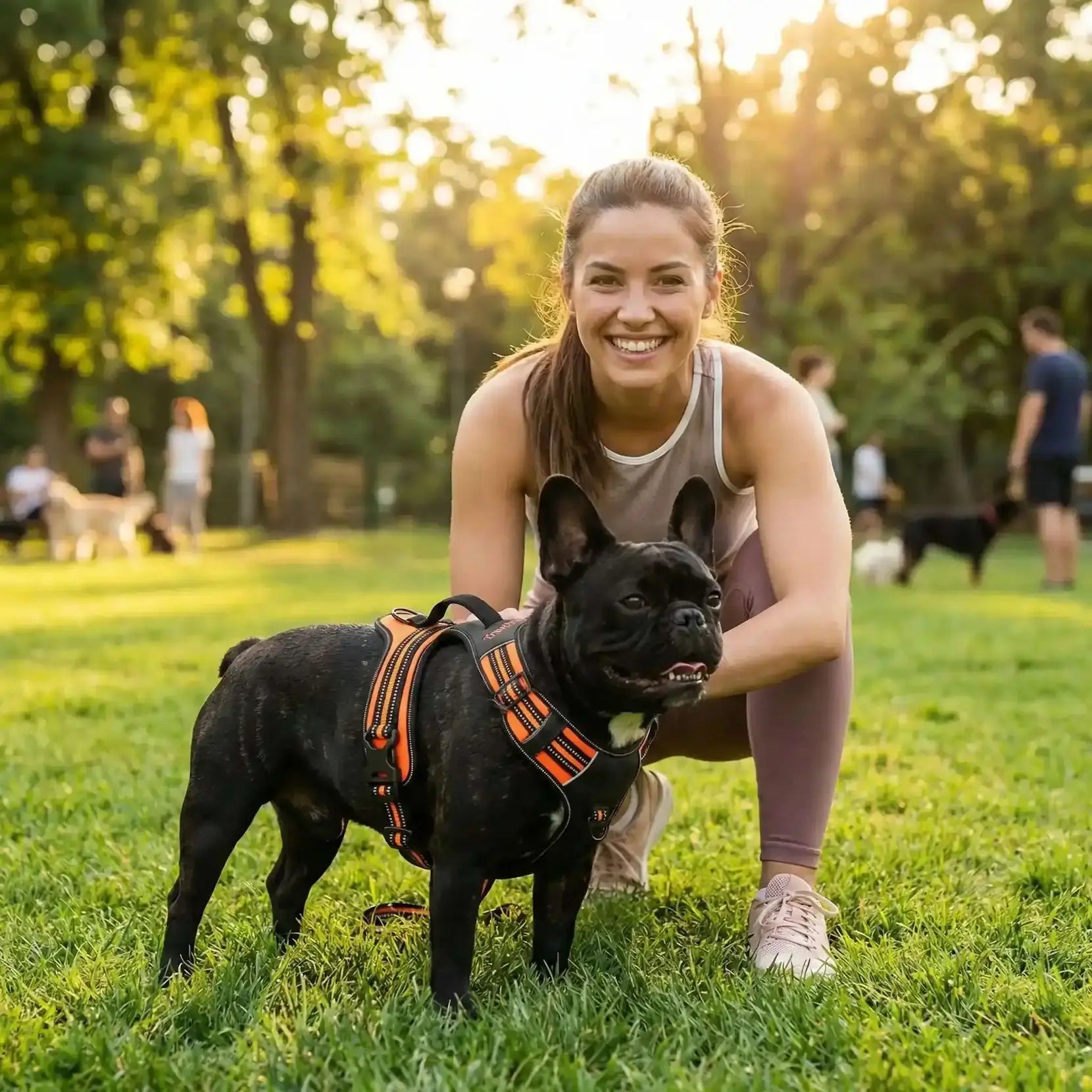 Une femme avec un bouledogue français noir et son harnais anti-traction pour chien dans un parc à chiens.