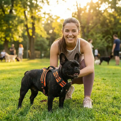 Une femme avec un bouledogue français noir et son harnais anti-traction pour chien dans un parc à chiens.