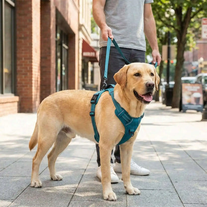 Un labrador blond avec son maitre sur le trottoir de la ville avec son harnais anti-traction pour chien turquoise.