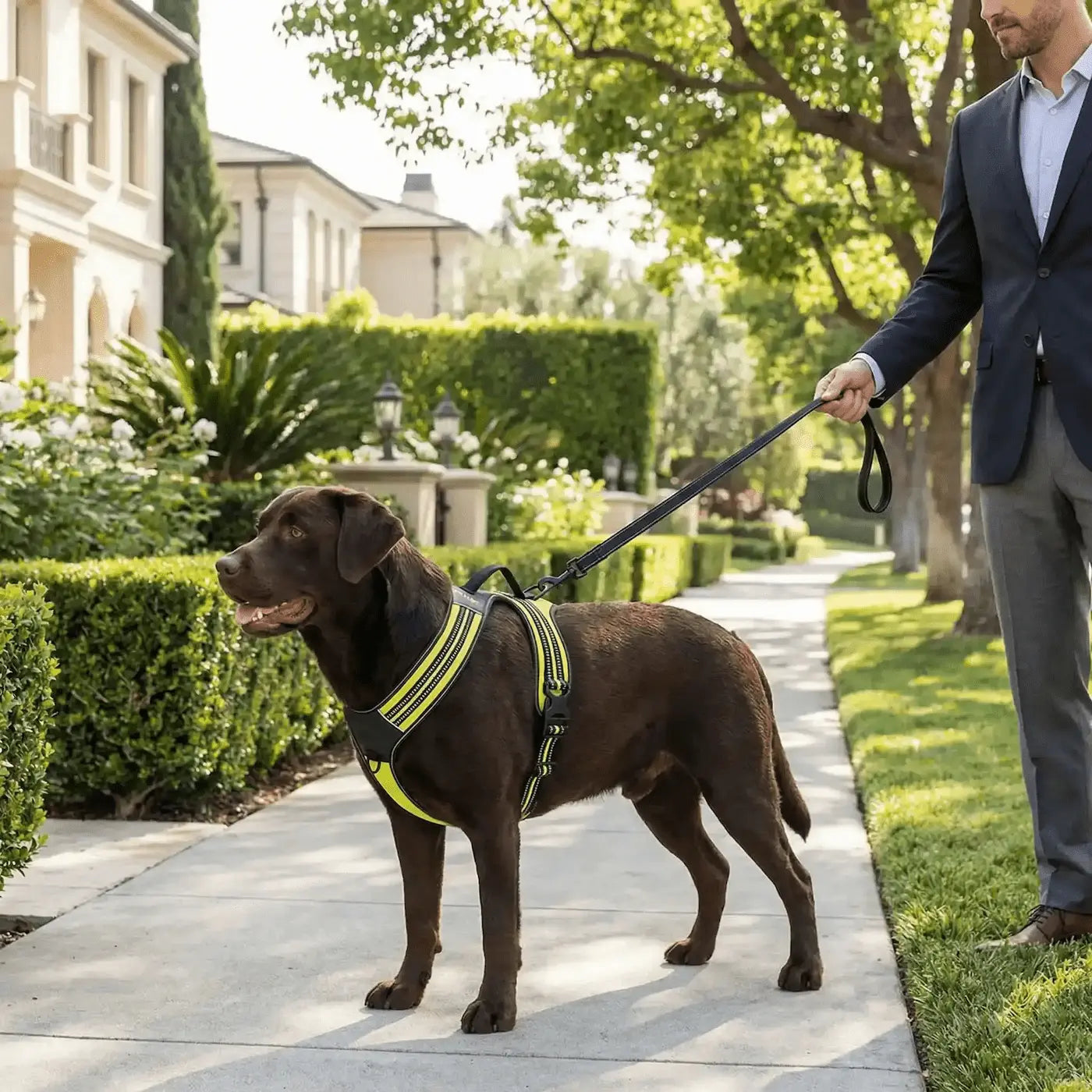 Un homme et son labrador sur un trottoir avec le harnais anti-traction pour chien vert fluo.
