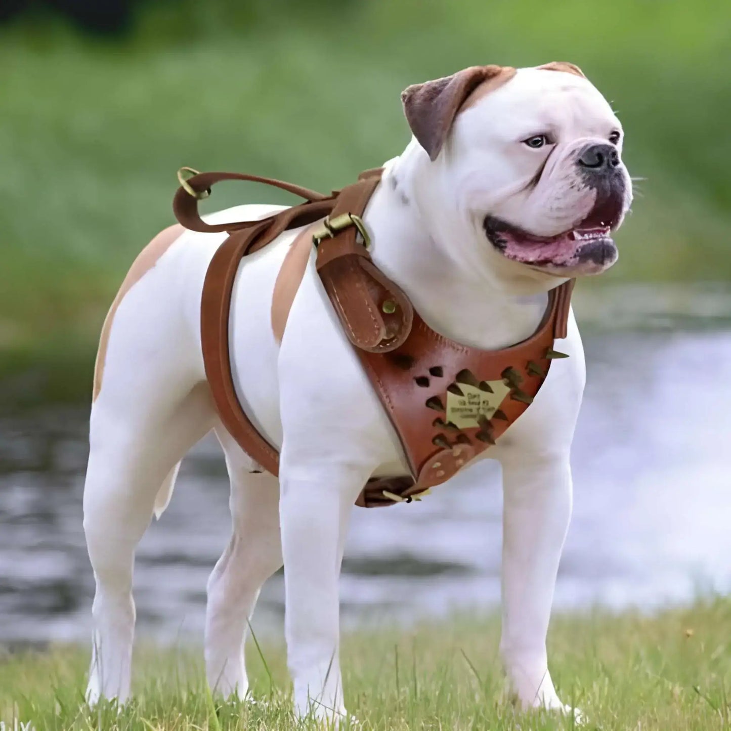 Un bouledogue anglais près de l'eau porte le harnais pour chien anti-traction marron.
