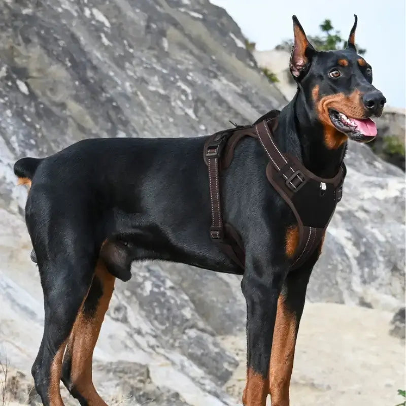 Un doberman en randonnée avec son harnais de couleur marron.