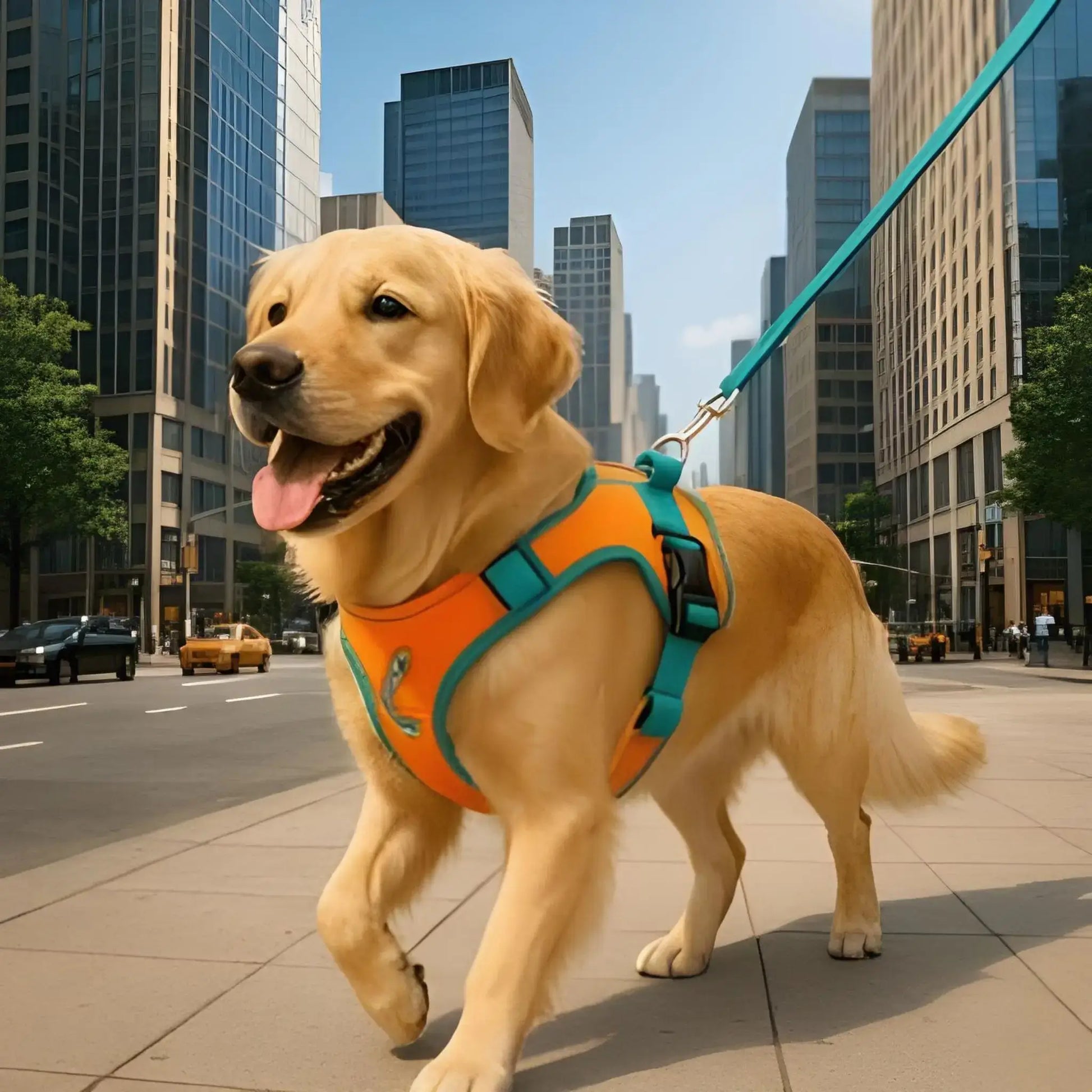Un golden retriever se balade sur un trottoir en ville avec son harnais pour chien orange.
